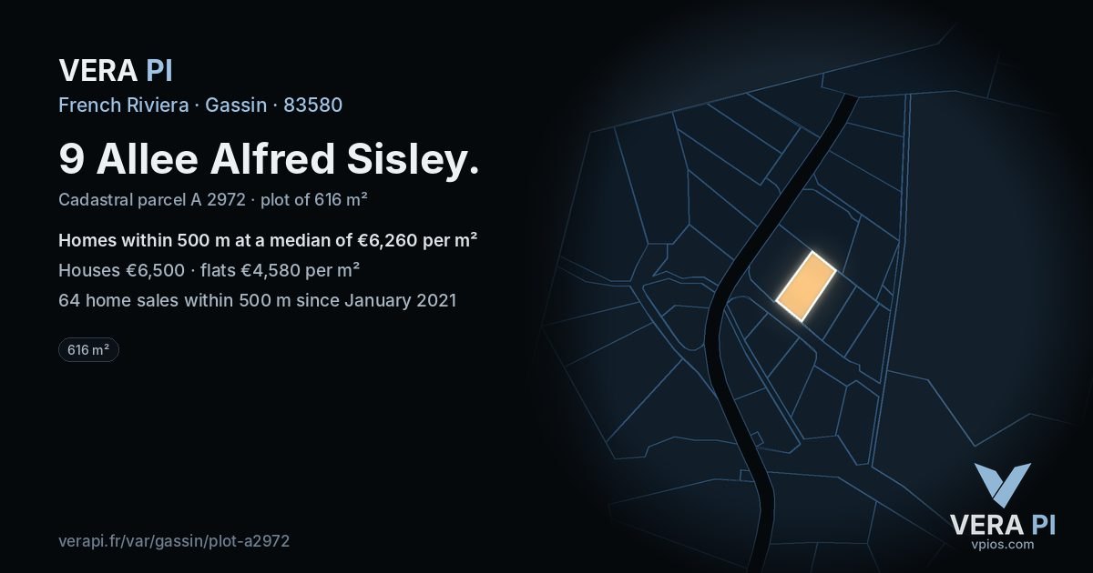 9 Allee Alfred Sisley, Gassin at night – the plot lit, the parcels around coloured by the prices near them