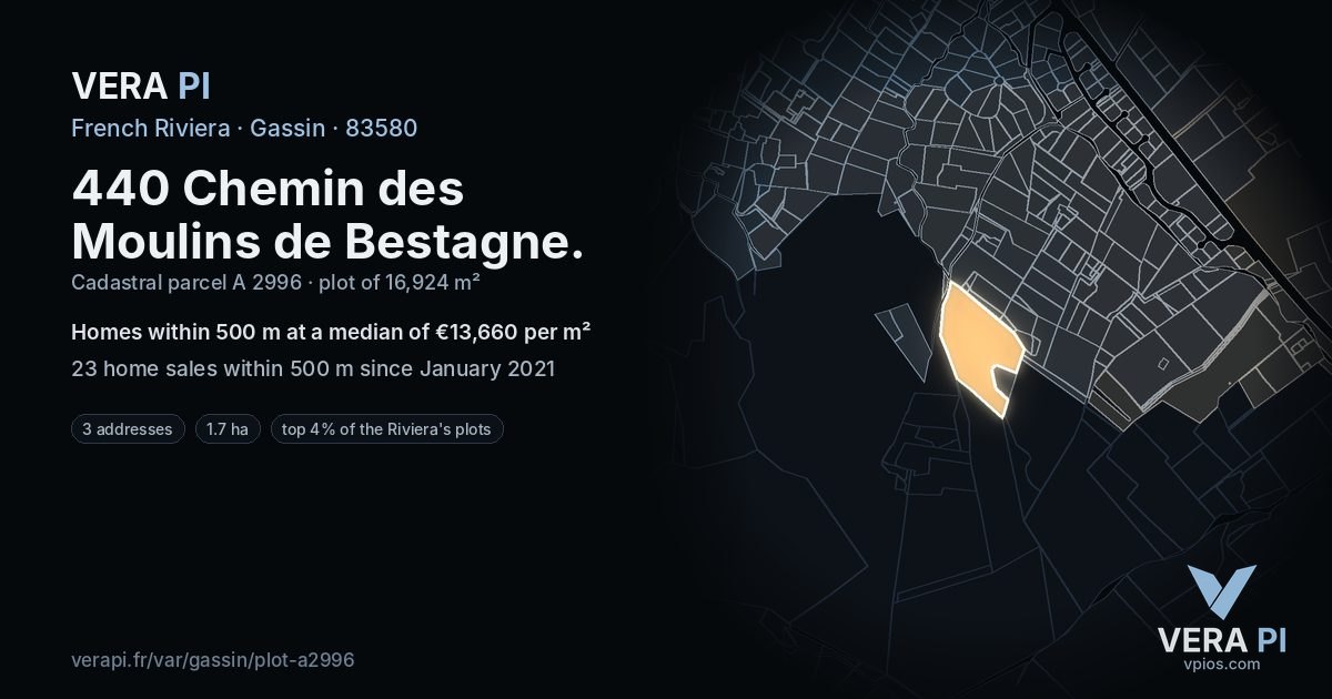440 Chemin des Moulins de Bestagne, Gassin at night – the plot lit, the parcels around coloured by the prices near them
