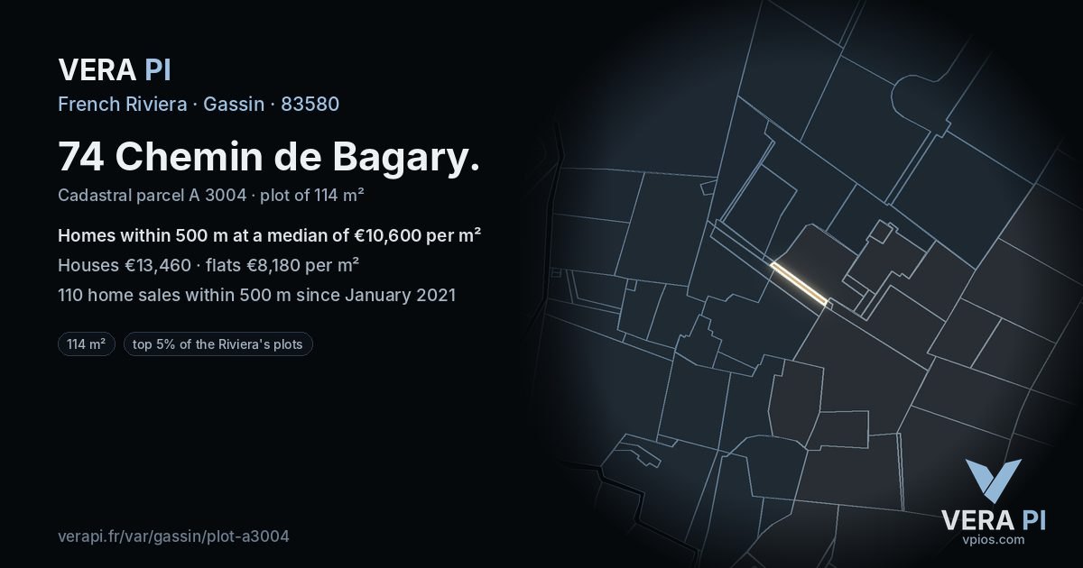 74 Chemin de Bagary, Gassin at night – the plot lit, the parcels around coloured by the prices near them