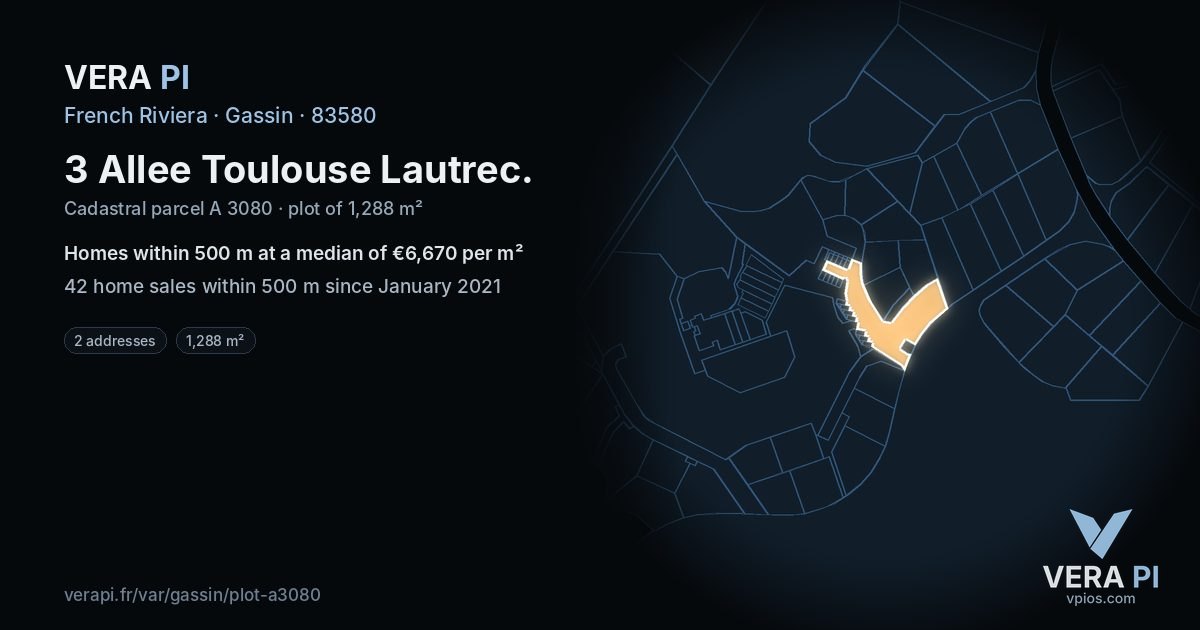 3 Allee Toulouse Lautrec, Gassin at night – the plot lit, the parcels around coloured by the prices near them