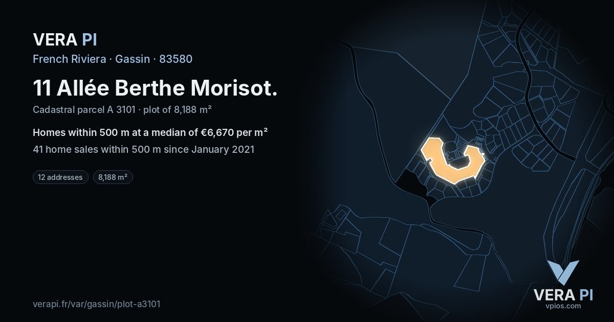 11 Allée Berthe Morisot, Gassin at night – the plot lit, the parcels around coloured by the prices near them