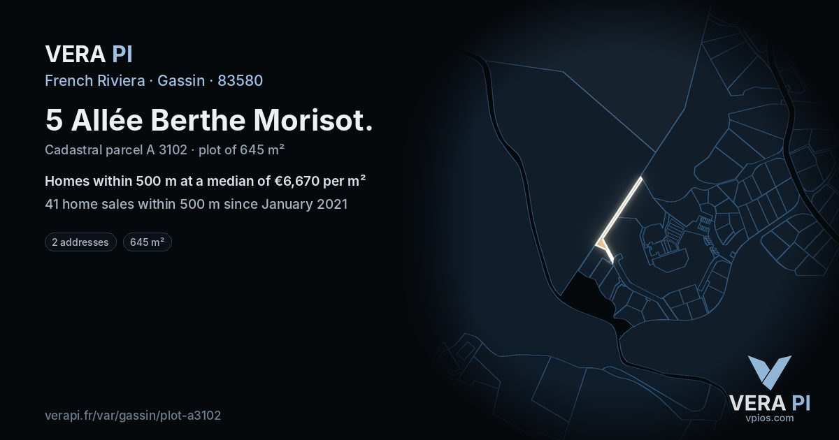 5 Allée Berthe Morisot, Gassin at night – the plot lit, the parcels around coloured by the prices near them