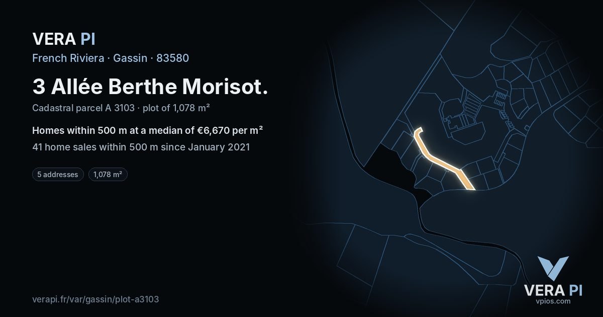 3 Allée Berthe Morisot, Gassin at night – the plot lit, the parcels around coloured by the prices near them