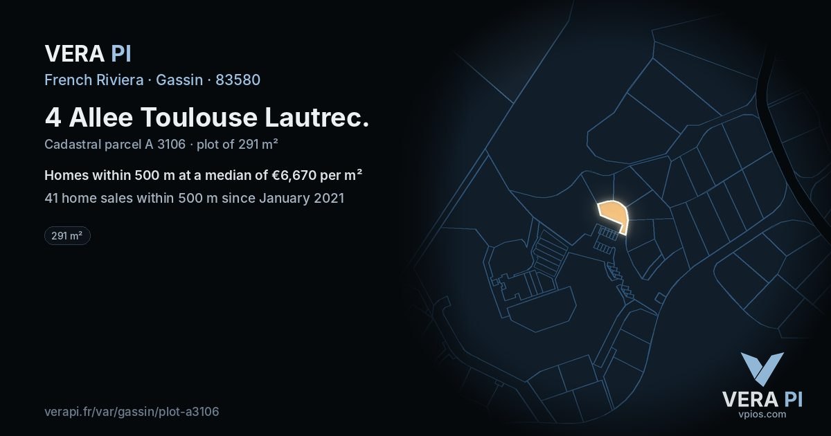 4 Allee Toulouse Lautrec, Gassin at night – the plot lit, the parcels around coloured by the prices near them