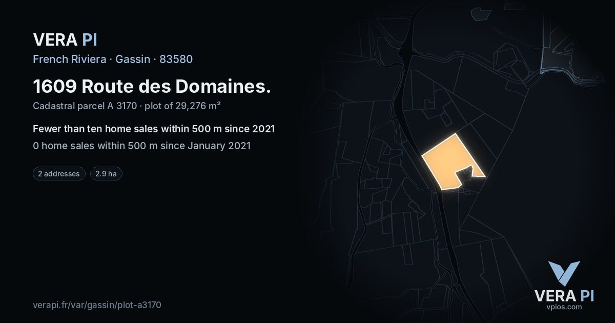 1609 Route des Domaines, Gassin at night – the plot lit, the parcels around coloured by the prices near them