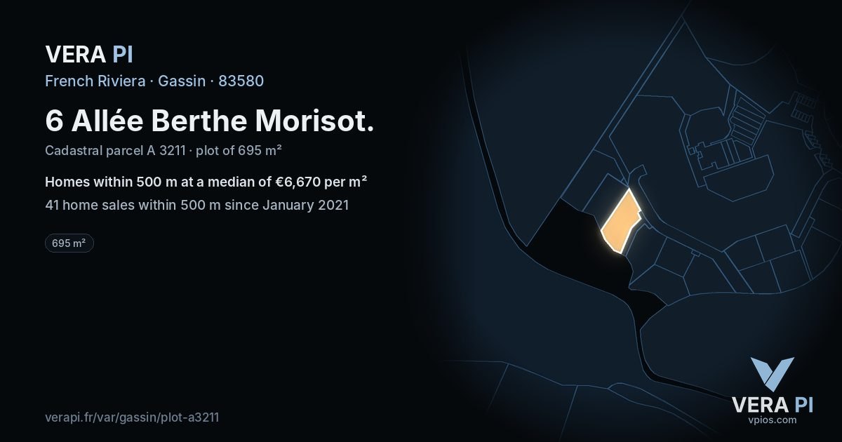 6 Allée Berthe Morisot, Gassin at night – the plot lit, the parcels around coloured by the prices near them