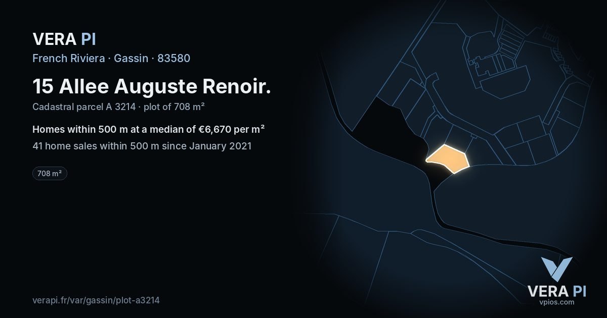 15 Allee Auguste Renoir, Gassin at night – the plot lit, the parcels around coloured by the prices near them