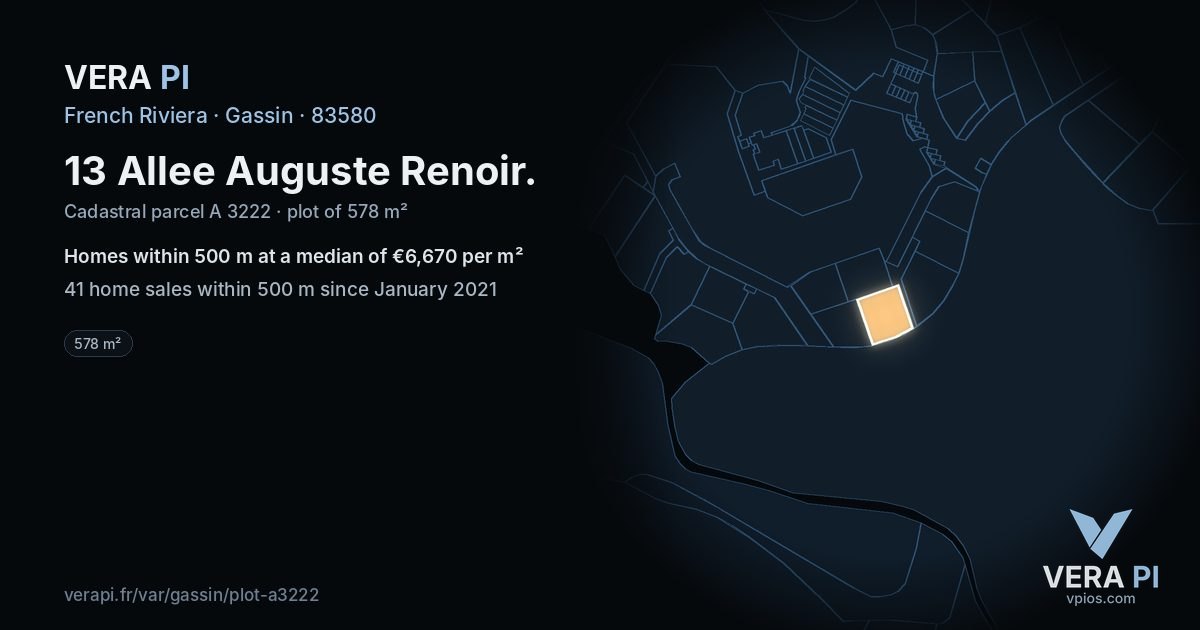 13 Allee Auguste Renoir, Gassin at night – the plot lit, the parcels around coloured by the prices near them