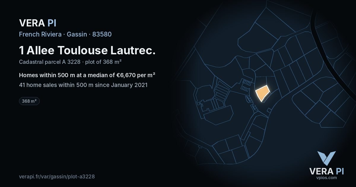 1 Allee Toulouse Lautrec, Gassin at night – the plot lit, the parcels around coloured by the prices near them