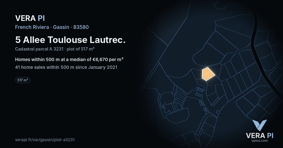 5 Allee Toulouse Lautrec, Gassin at night – the plot lit, the parcels around coloured by the prices near them