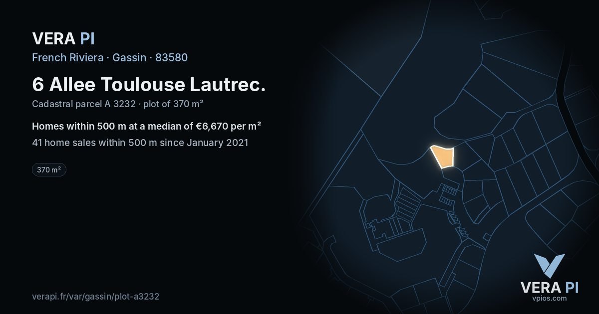 6 Allee Toulouse Lautrec, Gassin at night – the plot lit, the parcels around coloured by the prices near them