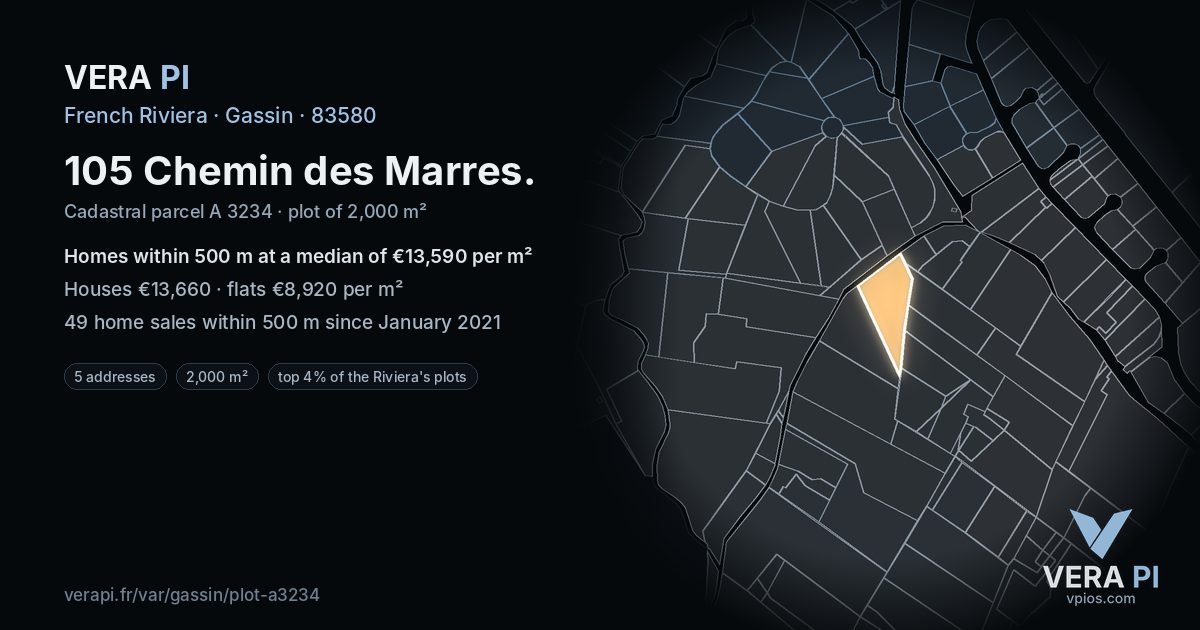 105 Chemin des Marres, Gassin at night – the plot lit, the parcels around coloured by the prices near them