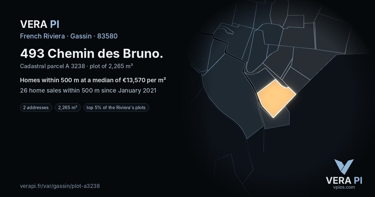 493 Chemin des Bruno, Gassin at night – the plot lit, the parcels around coloured by the prices near them
