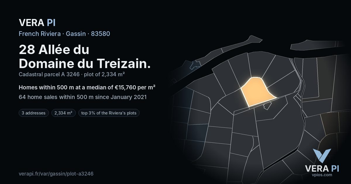 28 Allée du Domaine du Treizain, Gassin at night – the plot lit, the parcels around coloured by the prices near them