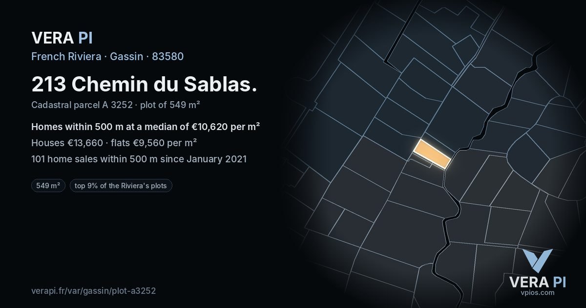 213 Chemin du Sablas, Gassin at night – the plot lit, the parcels around coloured by the prices near them