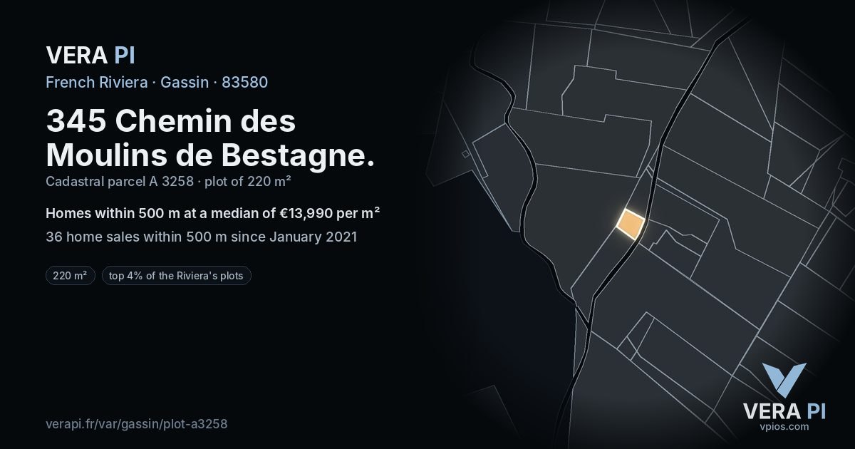 345 Chemin des Moulins de Bestagne, Gassin at night – the plot lit, the parcels around coloured by the prices near them