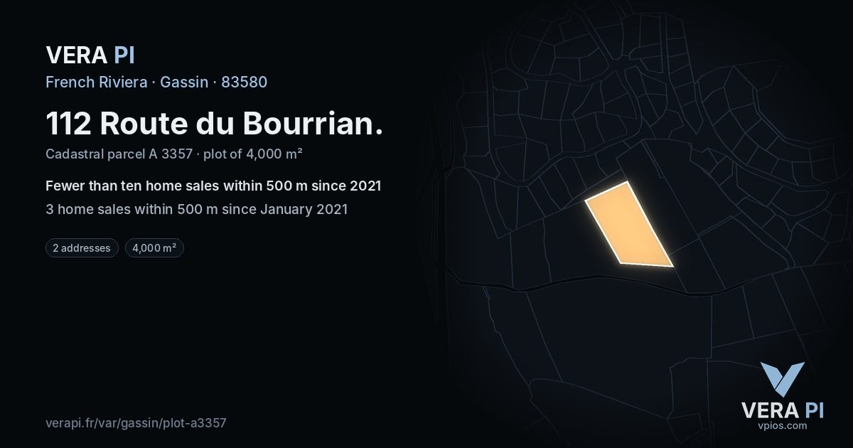 112 Route du Bourrian, Gassin at night – the plot lit, the parcels around coloured by the prices near them