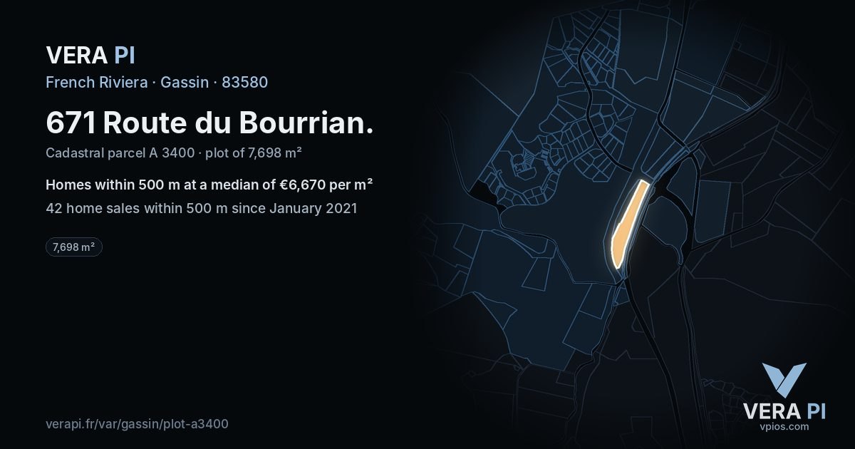 671 Route du Bourrian, Gassin at night – the plot lit, the parcels around coloured by the prices near them
