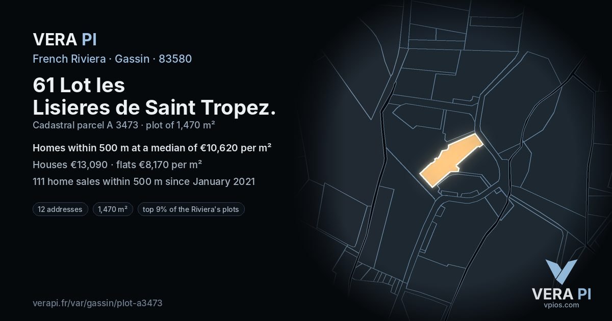 61 Lot les Lisieres de Saint Tropez, Gassin at night – the plot lit, the parcels around coloured by the prices near them