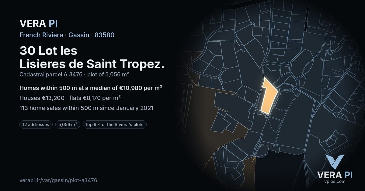 30 Lot les Lisieres de Saint Tropez, Gassin at night – the plot lit, the parcels around coloured by the prices near them