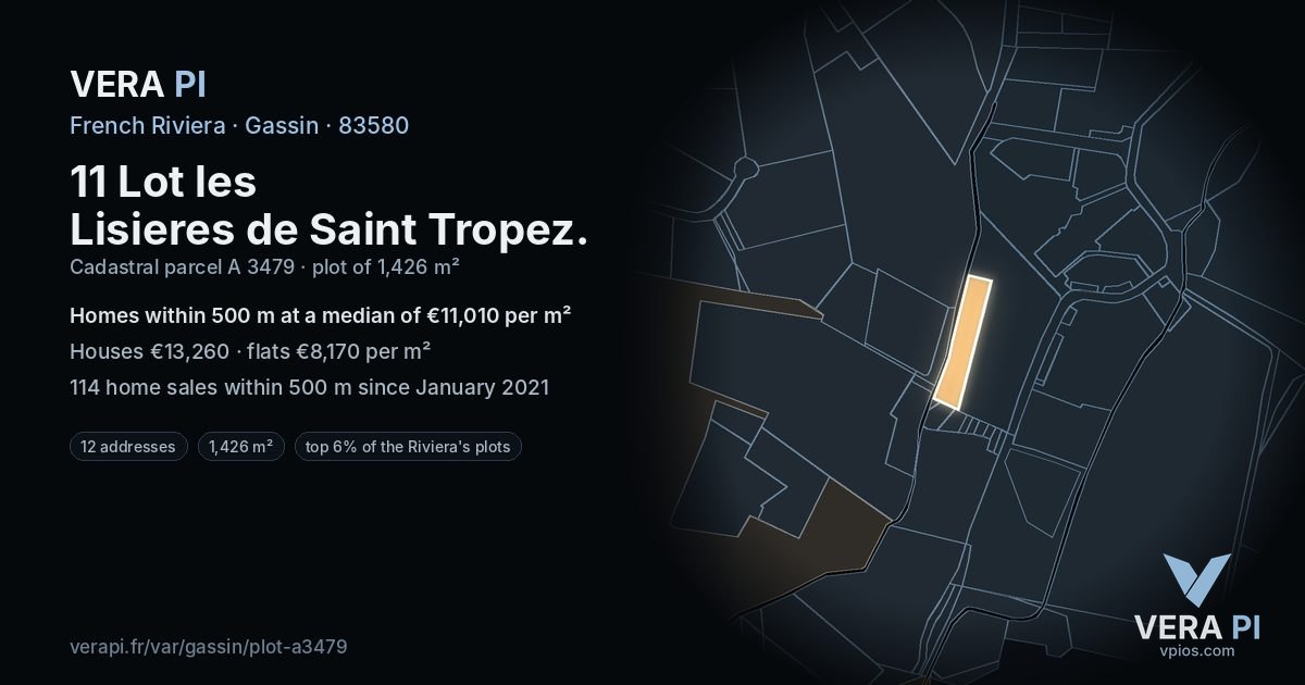 11 Lot les Lisieres de Saint Tropez, Gassin at night – the plot lit, the parcels around coloured by the prices near them