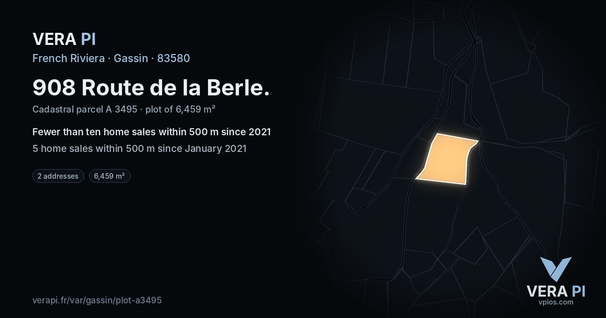 908 Route de la Berle, Gassin at night – the plot lit, the parcels around coloured by the prices near them