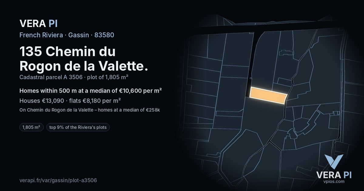 135 Chemin du Rogon de la Valette, Gassin at night – the plot lit, the parcels around coloured by the prices near them
