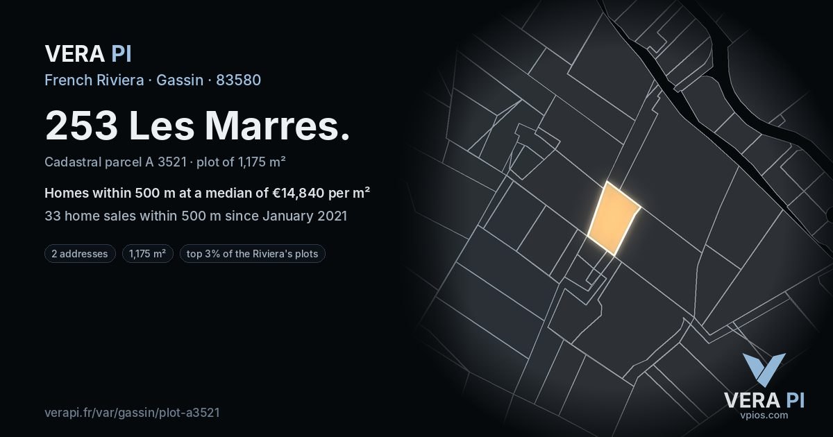 253 Les Marres, Gassin at night – the plot lit, the parcels around coloured by the prices near them
