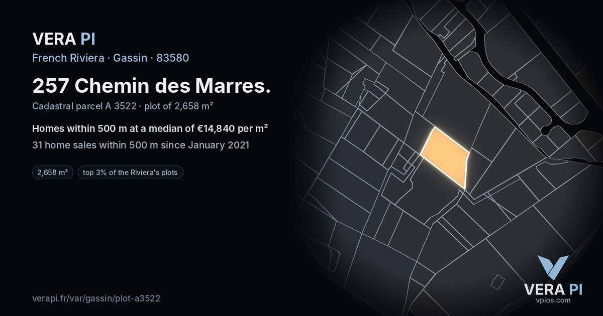 257 Chemin des Marres, Gassin at night – the plot lit, the parcels around coloured by the prices near them