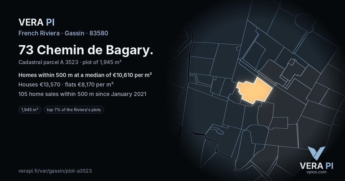 73 Chemin de Bagary, Gassin at night – the plot lit, the parcels around coloured by the prices near them