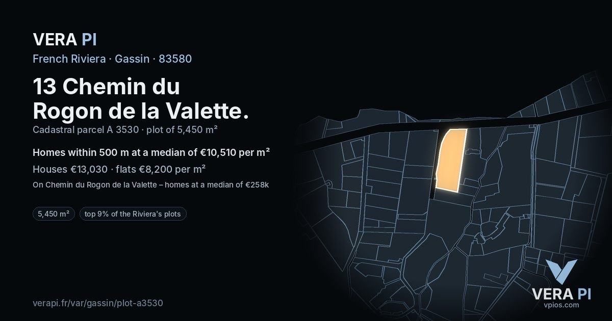 13 Chemin du Rogon de la Valette, Gassin at night – the plot lit, the parcels around coloured by the prices near them