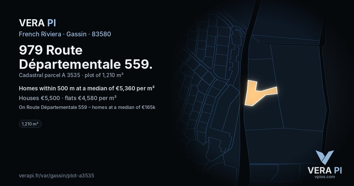 979 Route Départementale 559, Gassin at night – the plot lit, the parcels around coloured by the prices near them