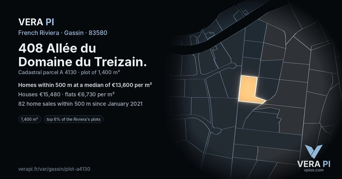 408 Allée du Domaine du Treizain, Gassin at night – the plot lit, the parcels around coloured by the prices near them