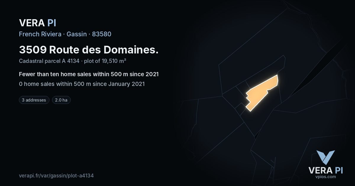 3509 Route des Domaines, Gassin at night – the plot lit, the parcels around coloured by the prices near them