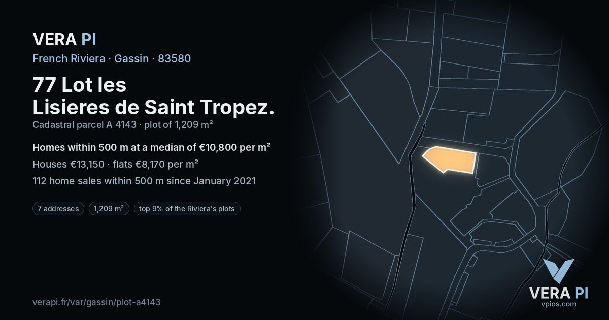 77 Lot les Lisieres de Saint Tropez, Gassin at night – the plot lit, the parcels around coloured by the prices near them