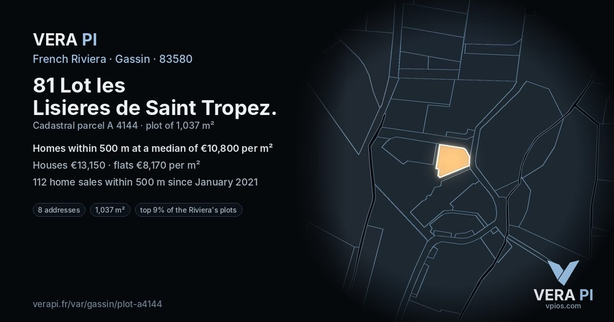 81 Lot les Lisieres de Saint Tropez, Gassin at night – the plot lit, the parcels around coloured by the prices near them
