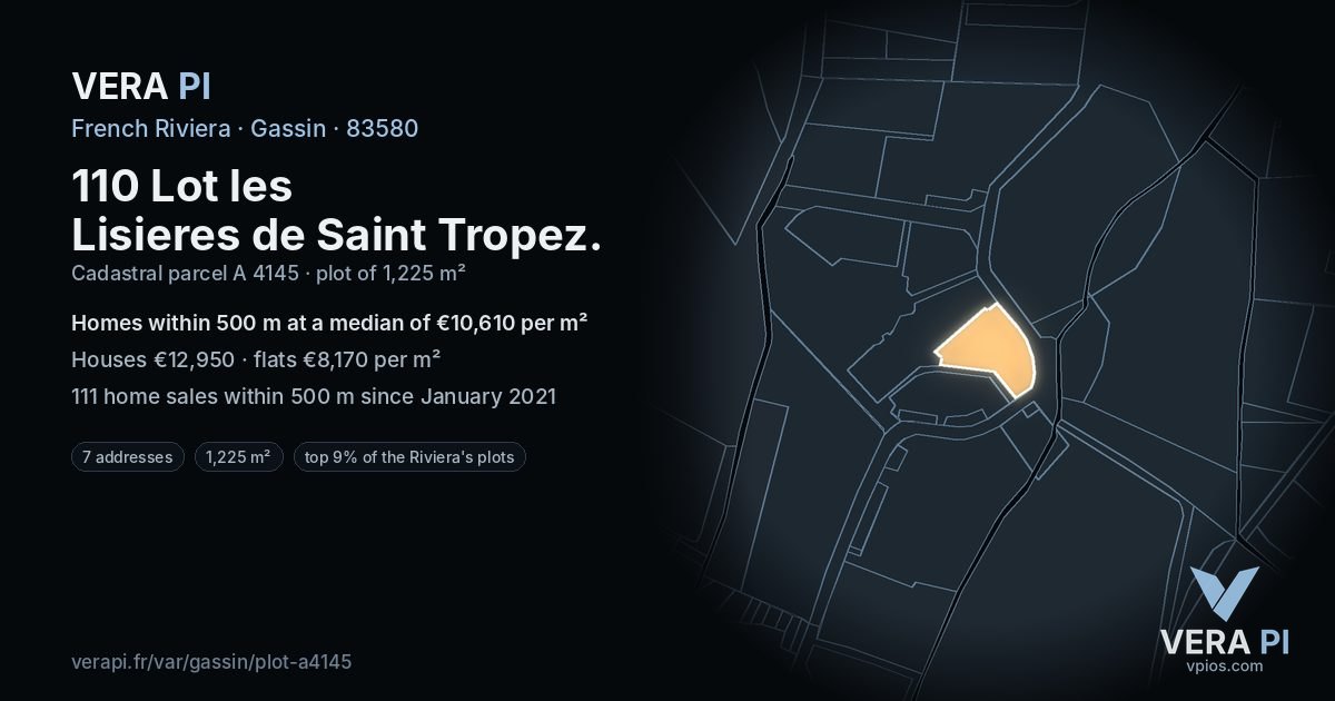 110 Lot les Lisieres de Saint Tropez, Gassin at night – the plot lit, the parcels around coloured by the prices near them