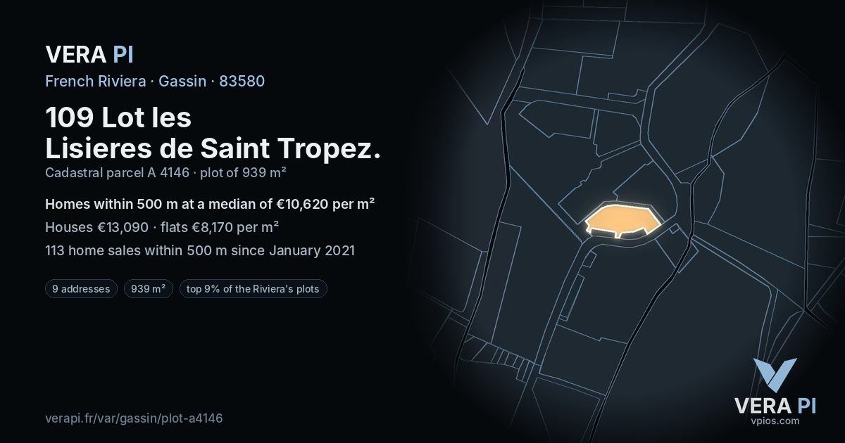 109 Lot les Lisieres de Saint Tropez, Gassin at night – the plot lit, the parcels around coloured by the prices near them