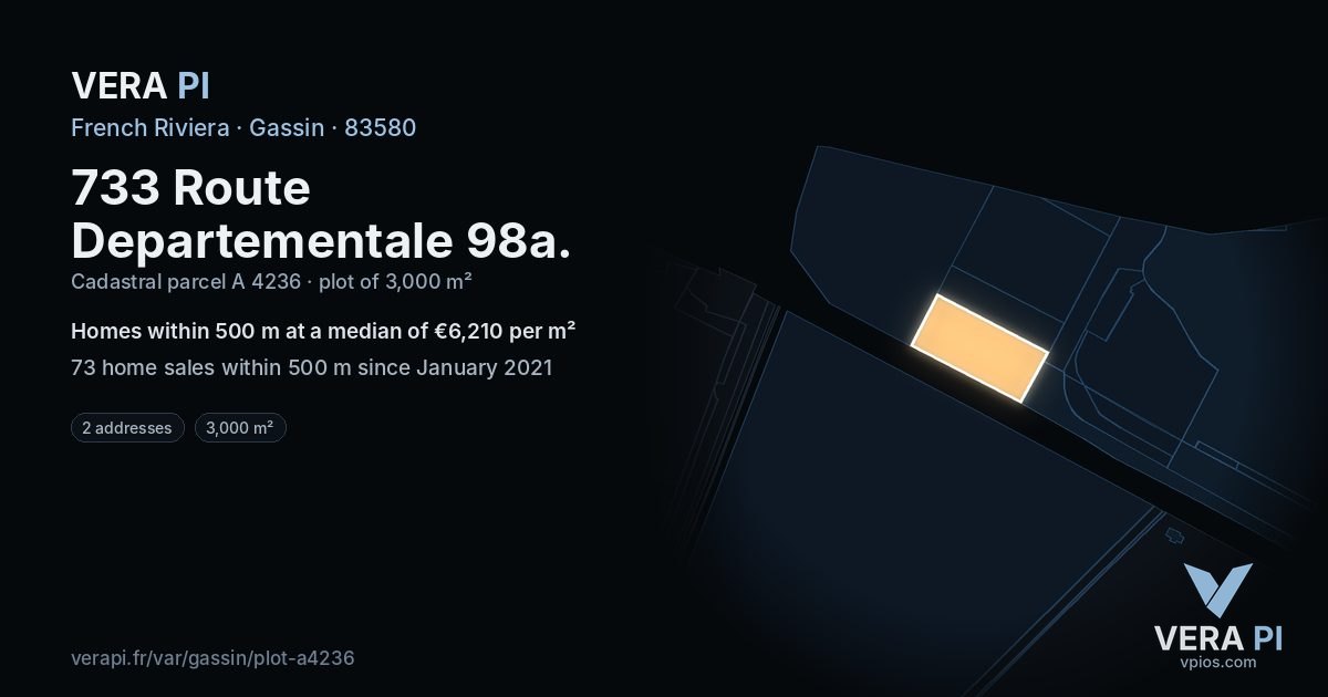 733 Route Departementale 98a, Gassin at night – the plot lit, the parcels around coloured by the prices near them