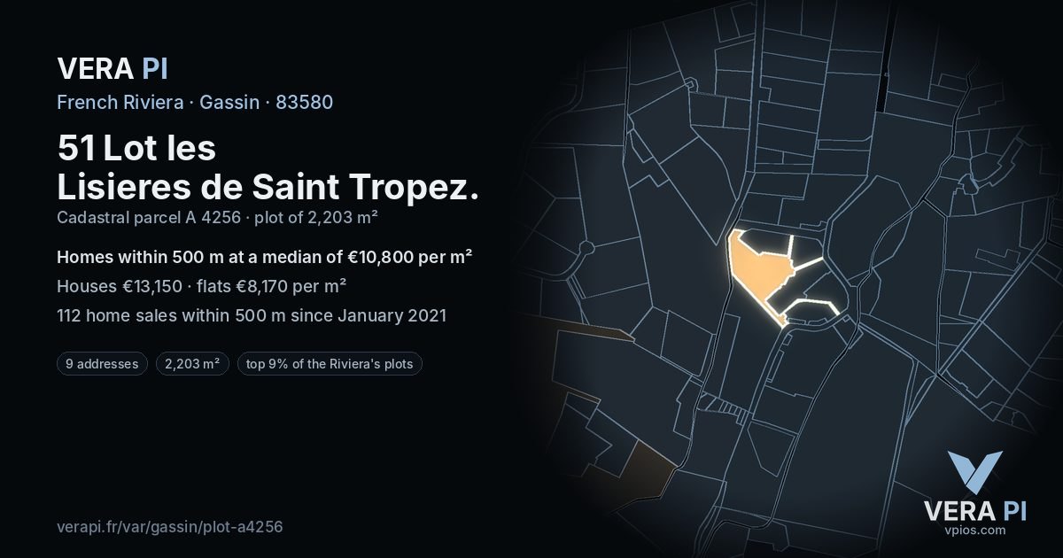 51 Lot les Lisieres de Saint Tropez, Gassin at night – the plot lit, the parcels around coloured by the prices near them