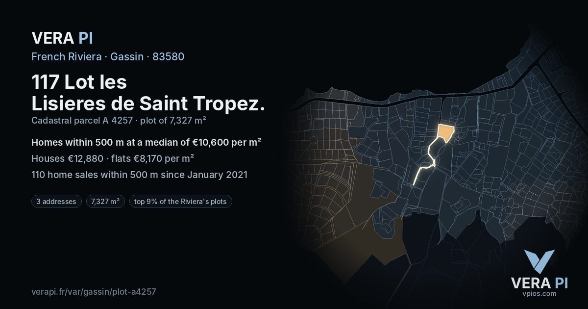117 Lot les Lisieres de Saint Tropez, Gassin at night – the plot lit, the parcels around coloured by the prices near them