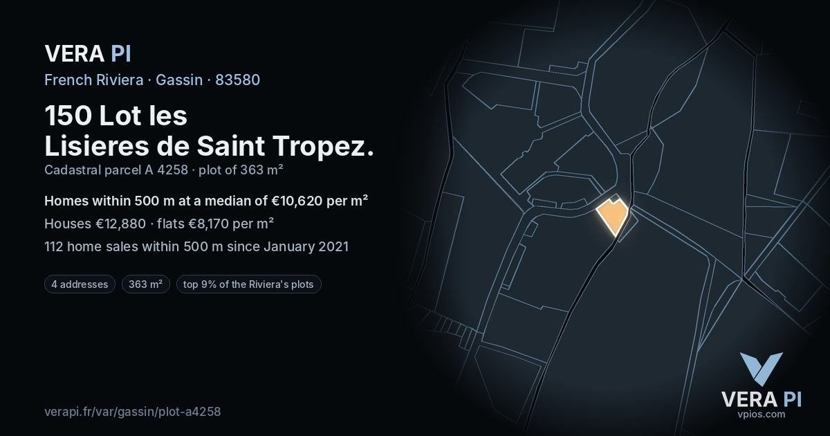 150 Lot les Lisieres de Saint Tropez, Gassin at night – the plot lit, the parcels around coloured by the prices near them