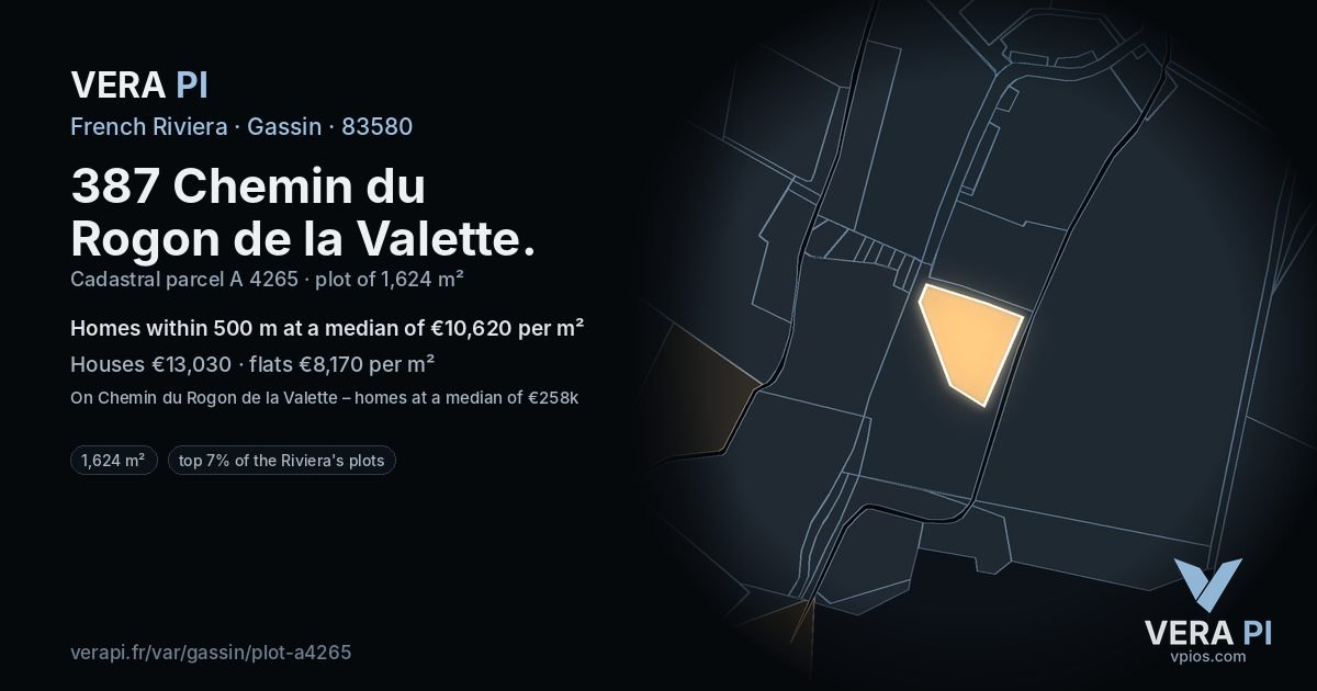 387 Chemin du Rogon de la Valette, Gassin at night – the plot lit, the parcels around coloured by the prices near them