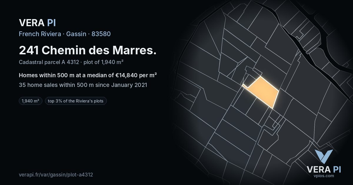 241 Chemin des Marres, Gassin at night – the plot lit, the parcels around coloured by the prices near them