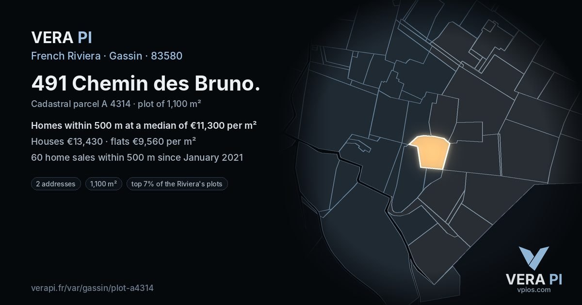 491 Chemin des Bruno, Gassin at night – the plot lit, the parcels around coloured by the prices near them
