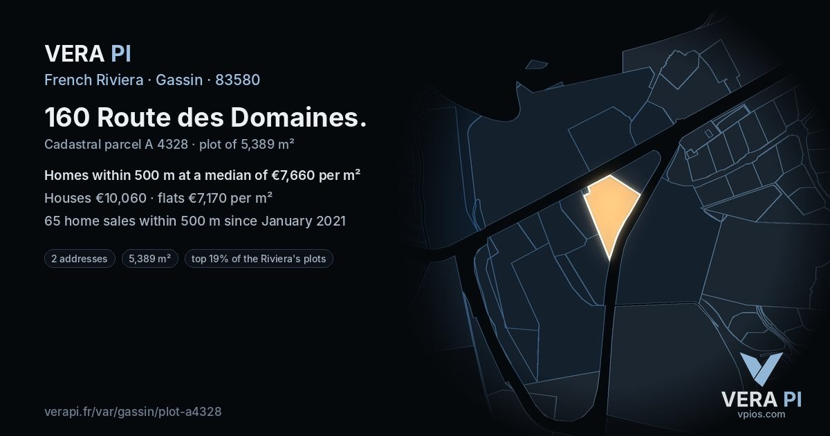 160 Route des Domaines, Gassin at night – the plot lit, the parcels around coloured by the prices near them