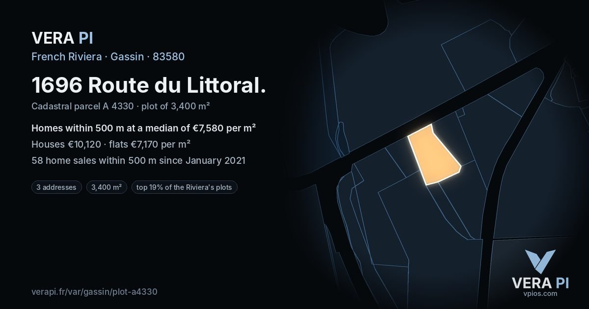 1696 Route du Littoral, Gassin at night – the plot lit, the parcels around coloured by the prices near them