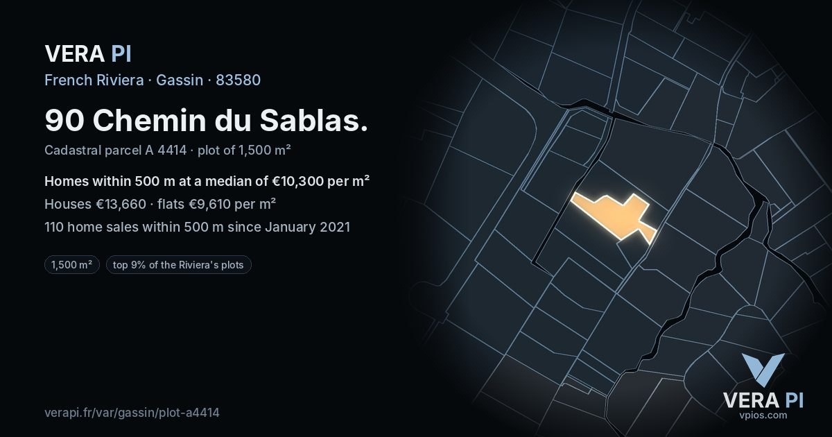 90 Chemin du Sablas, Gassin at night – the plot lit, the parcels around coloured by the prices near them