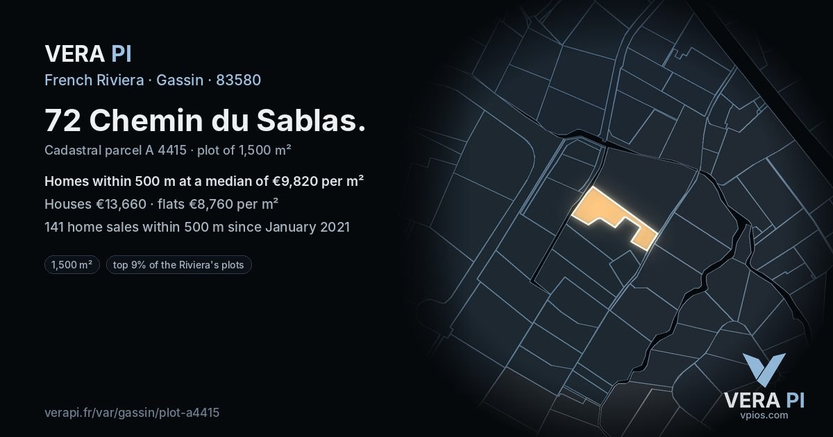 72 Chemin du Sablas, Gassin at night – the plot lit, the parcels around coloured by the prices near them