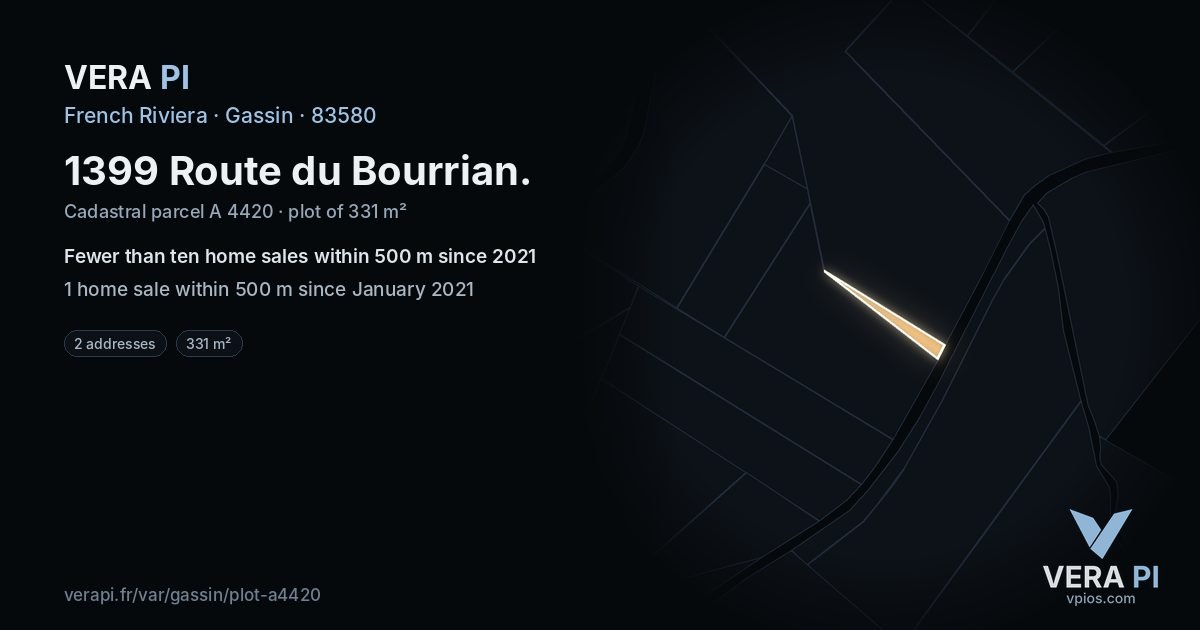 1399 Route du Bourrian, Gassin at night – the plot lit, the parcels around coloured by the prices near them